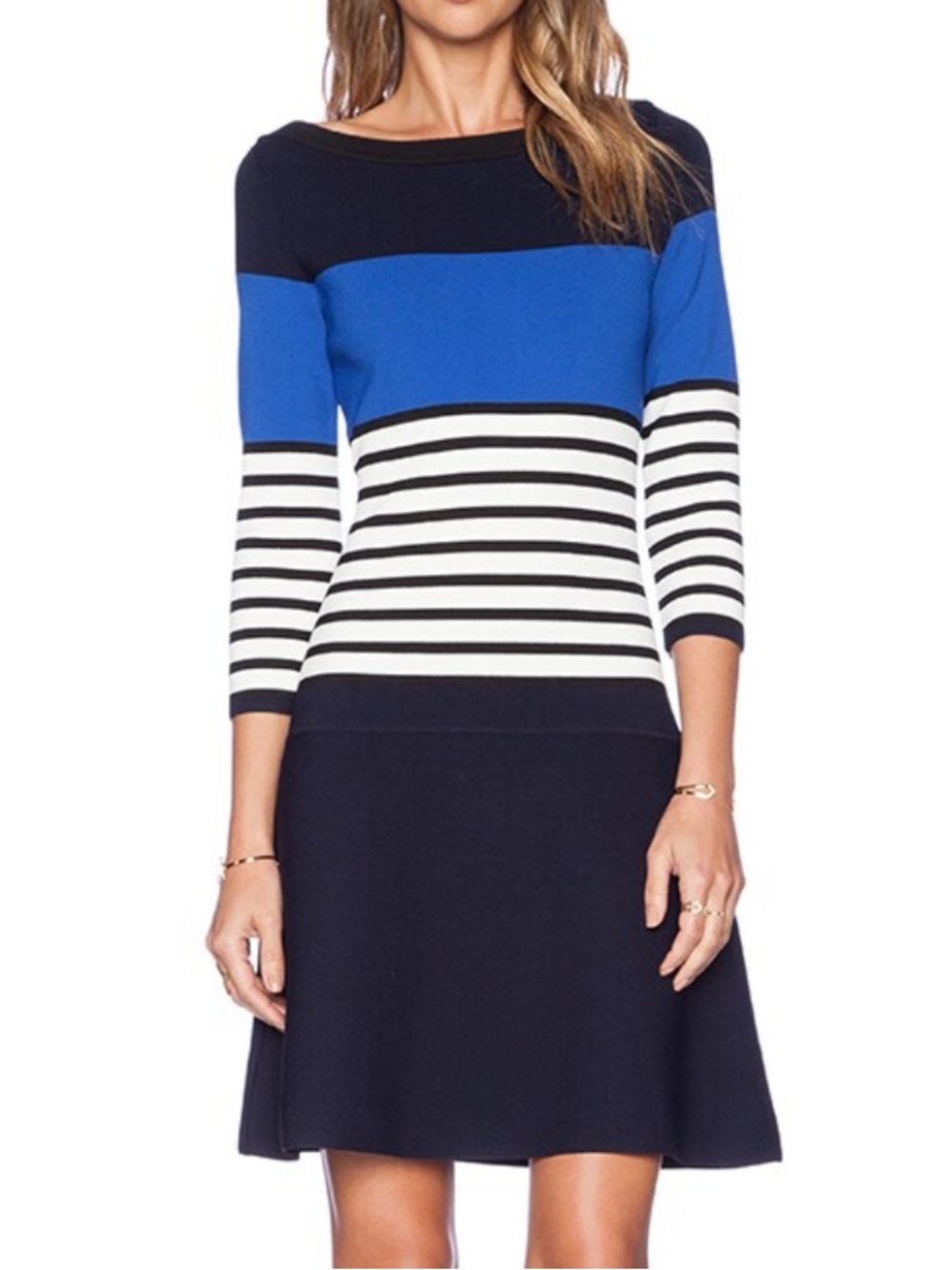 Kate Spade Dress Sz L Stripe Colorblock Black White Blue Navy Knit Classic